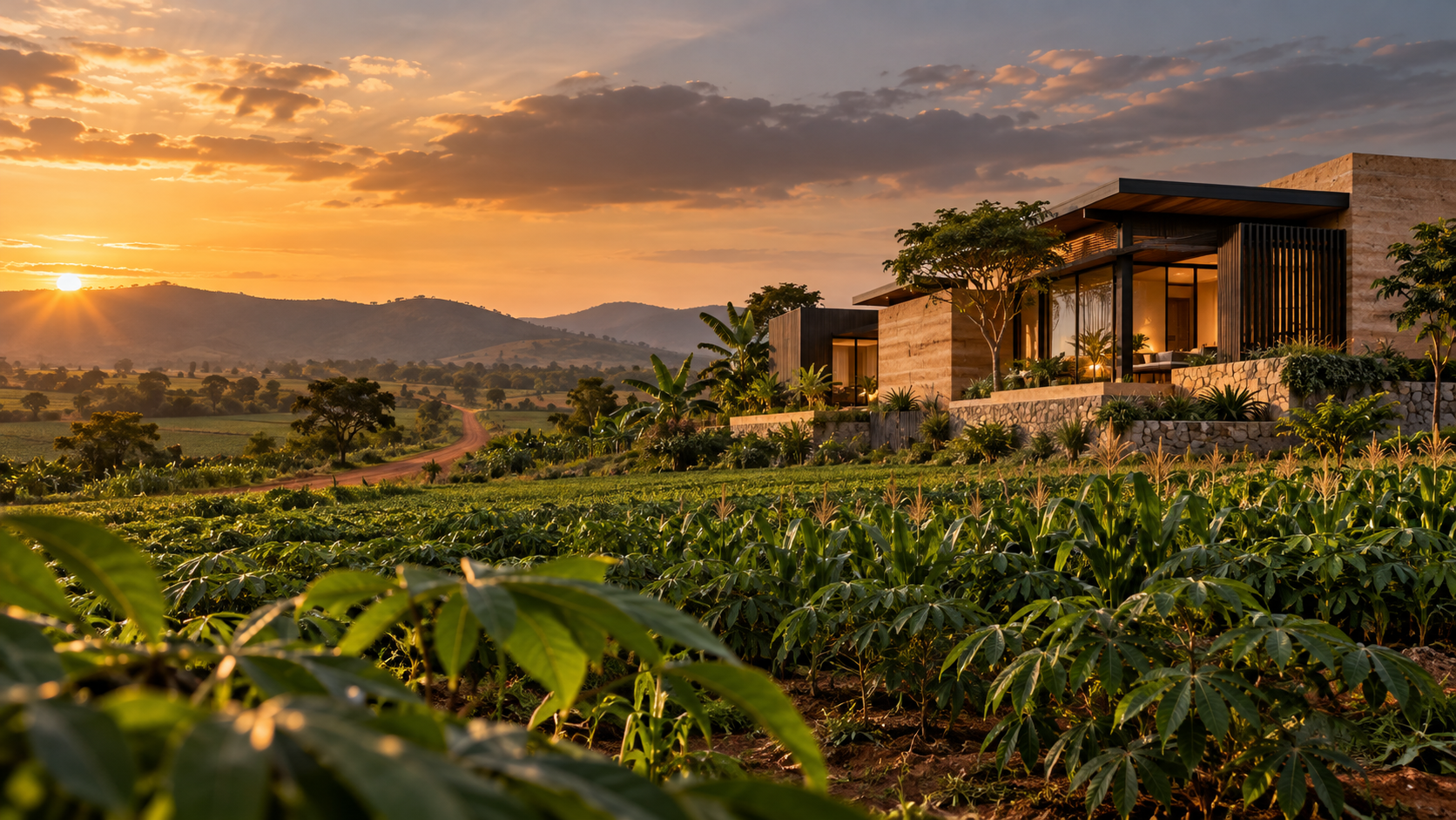 Conceptual view combining contemporary Ghanaian architecture and cultivated farmland